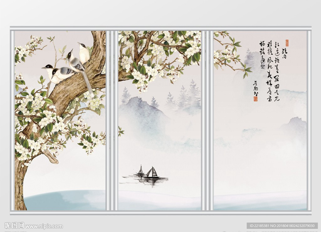 新中式手绘玉兰花鸟移门