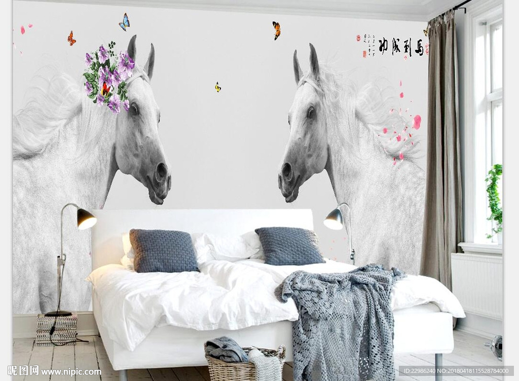 白色骏马现代简约壁画背景墙装饰