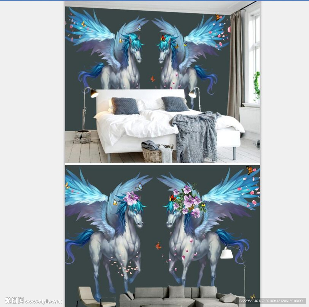 手绘卡通天马背景墙装饰壁画图