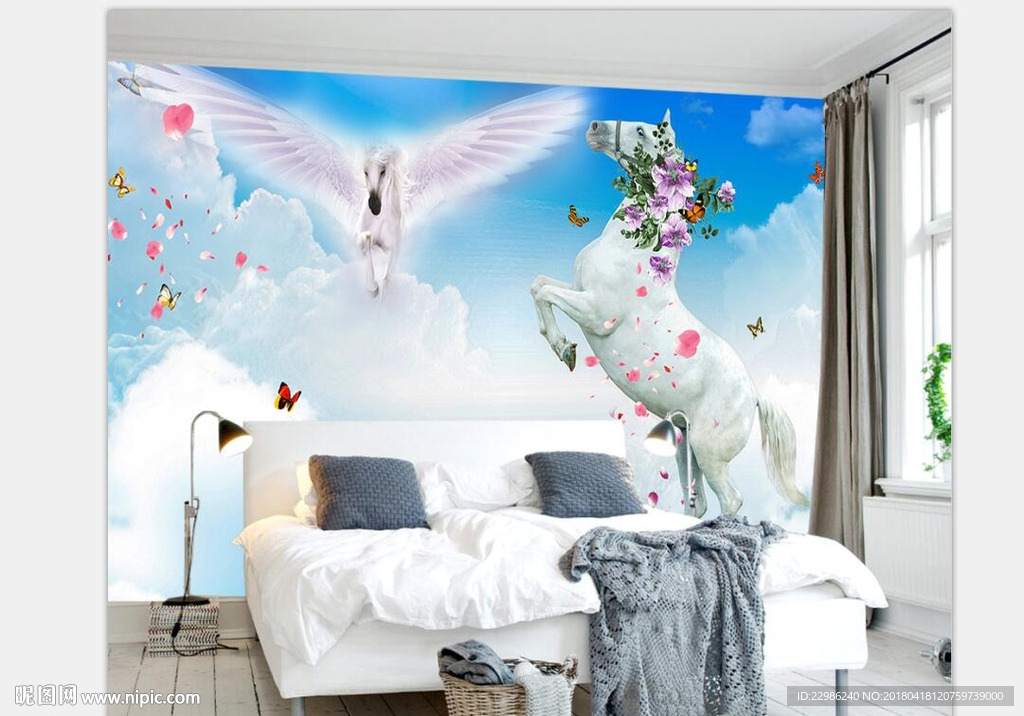唯美浪漫天马背景墙装饰壁画图片