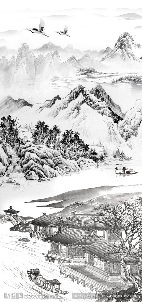 水墨山水国画中式玄关