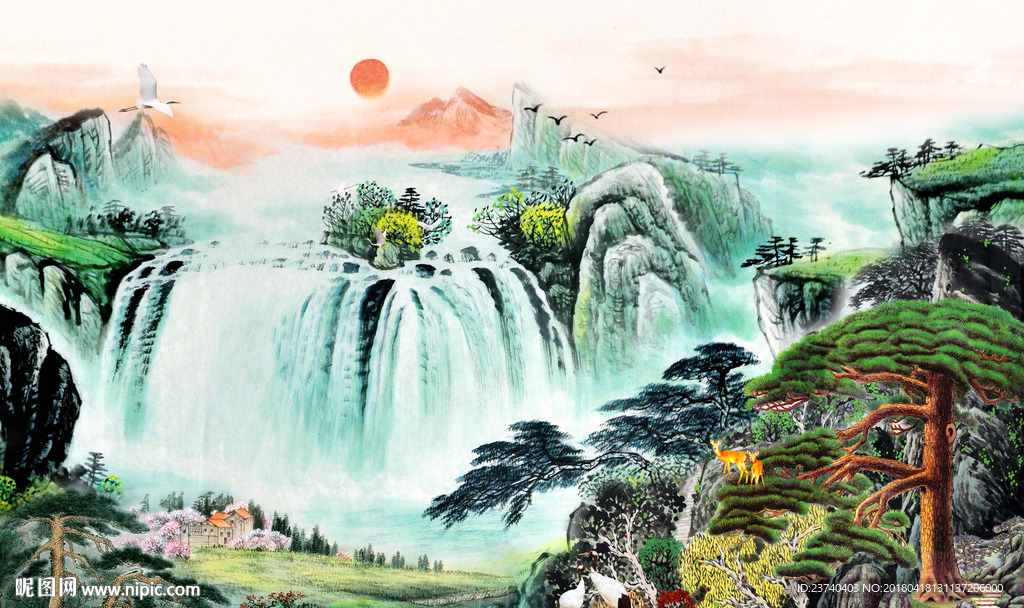 山水国画迎客松