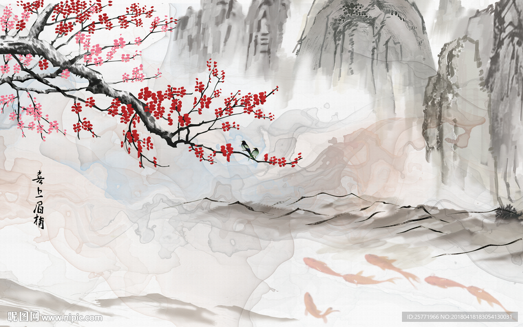 新中式喜上眉梢山水背景墙壁画