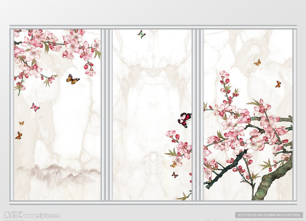 简约桃花蝴蝶花鸟移门