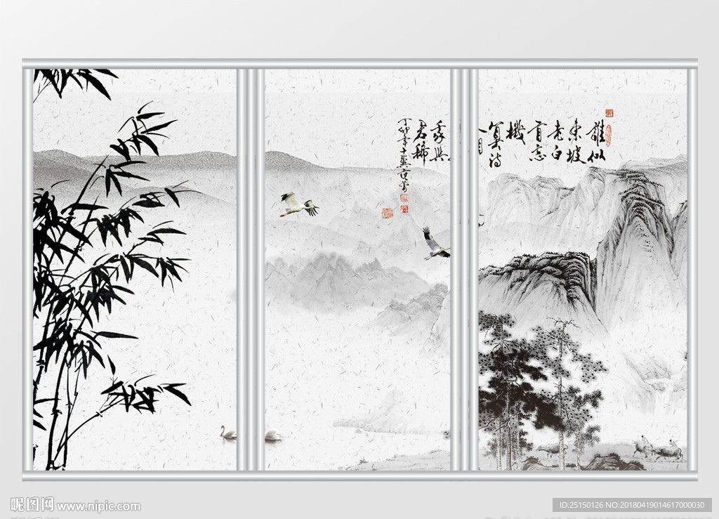 古典风水墨江山移门
