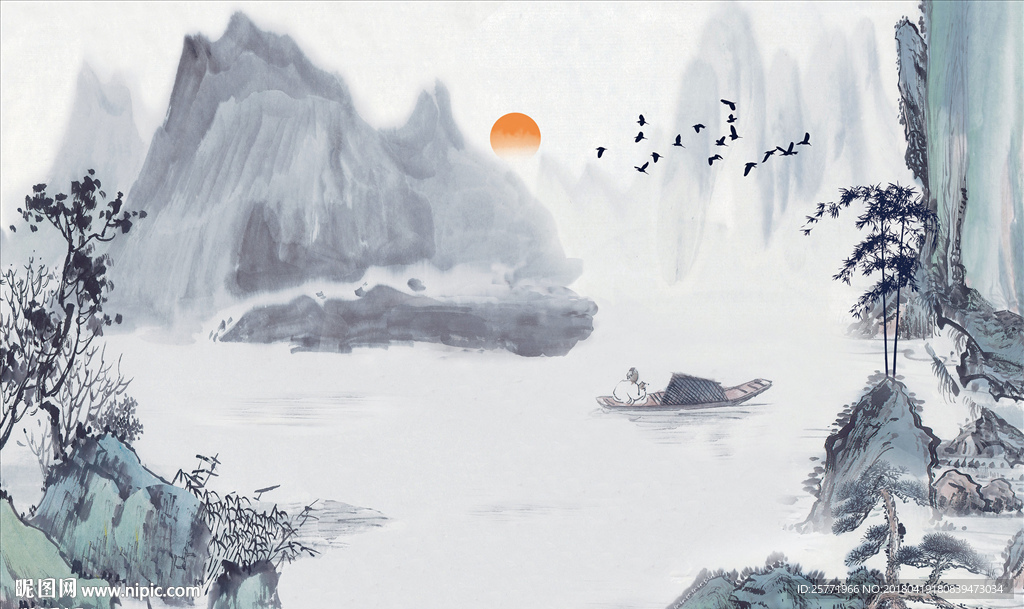 新中式古典禅意抽象山水背景壁画