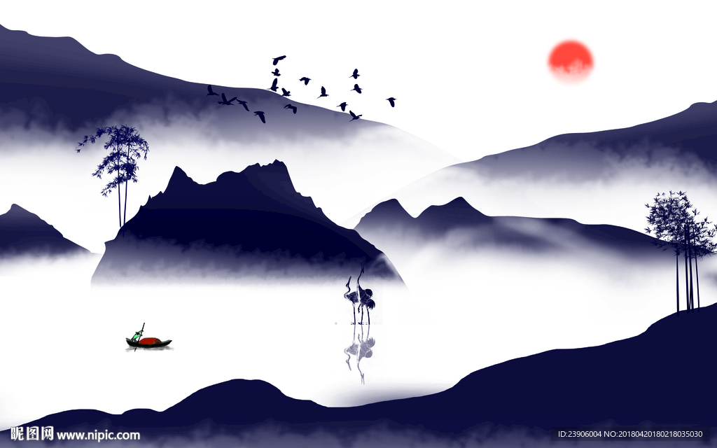 大型分层紫色水墨山水画