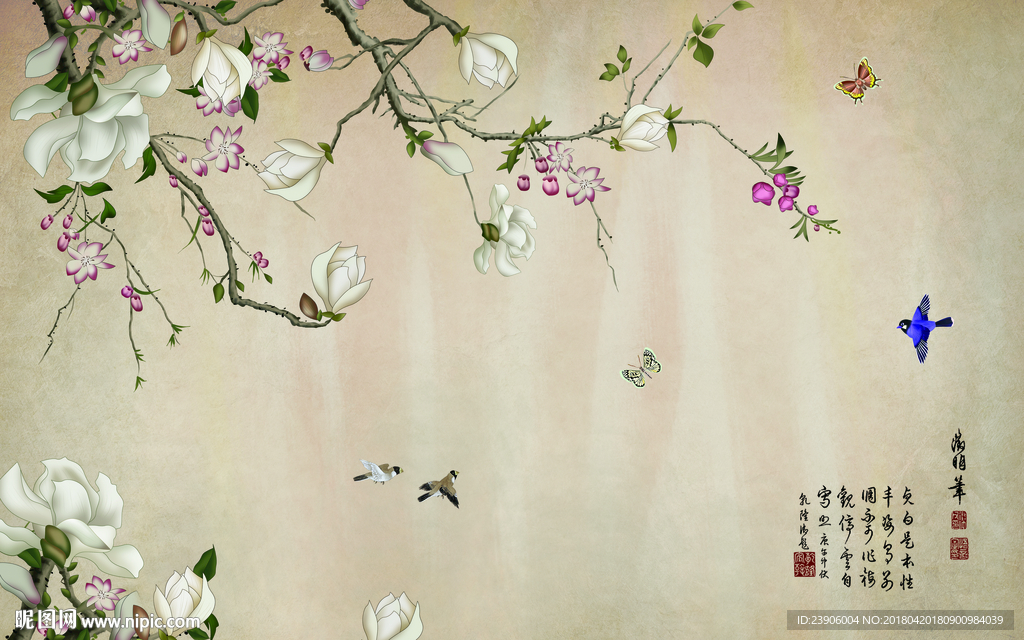 大型分层手绘玉兰花鸟背景墙