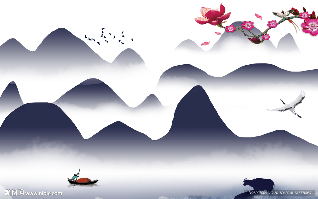 大型分层简约水墨山水装饰画