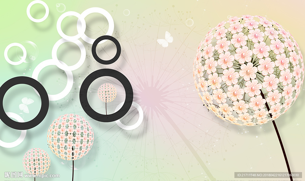 梦幻花卉蝴蝶简约圈圈电视背景墙