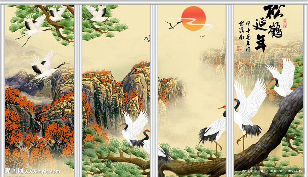 松鹤延年中国风古典移门