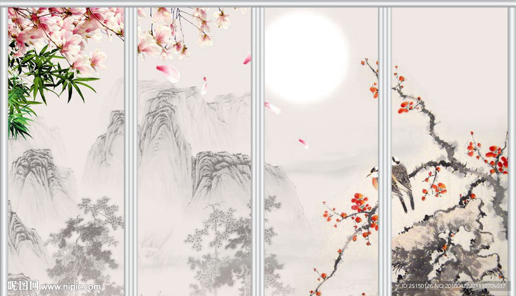 中国风梅花玉兰竹子山水移门