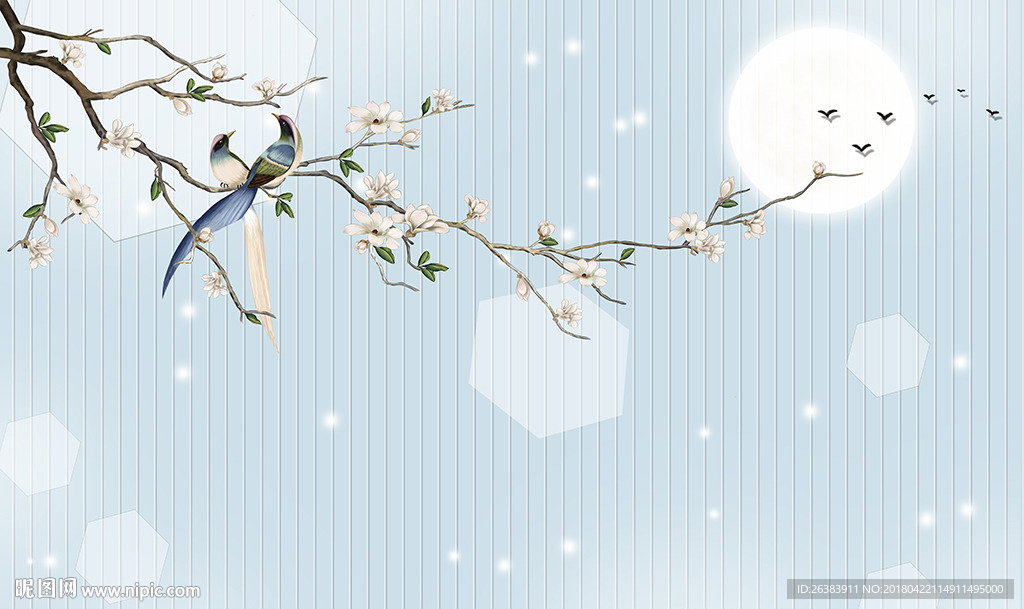 玉兰花鸟中式背景墙