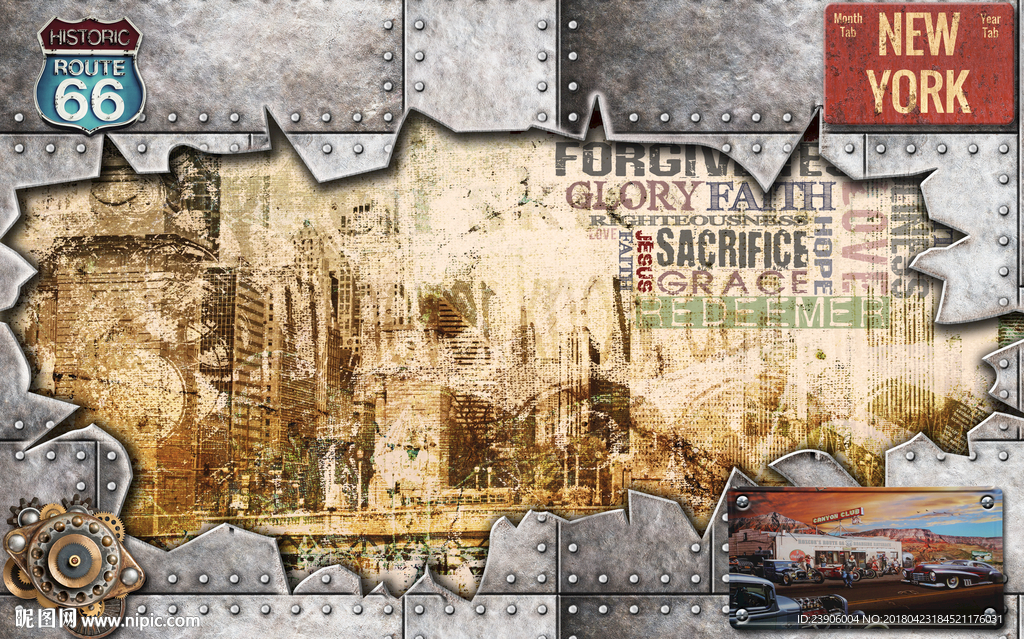 工复古破旧金属工装背景壁画