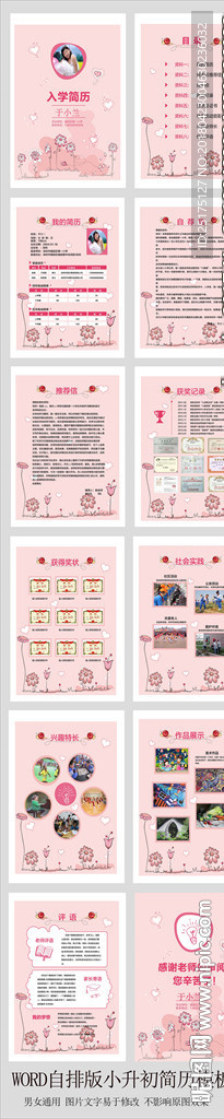 粉红小升初入学简历wor模板