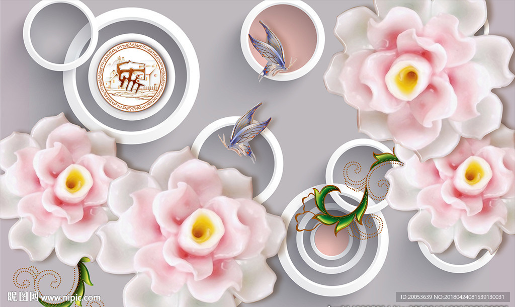 3d玉雕花朵电视背景墙