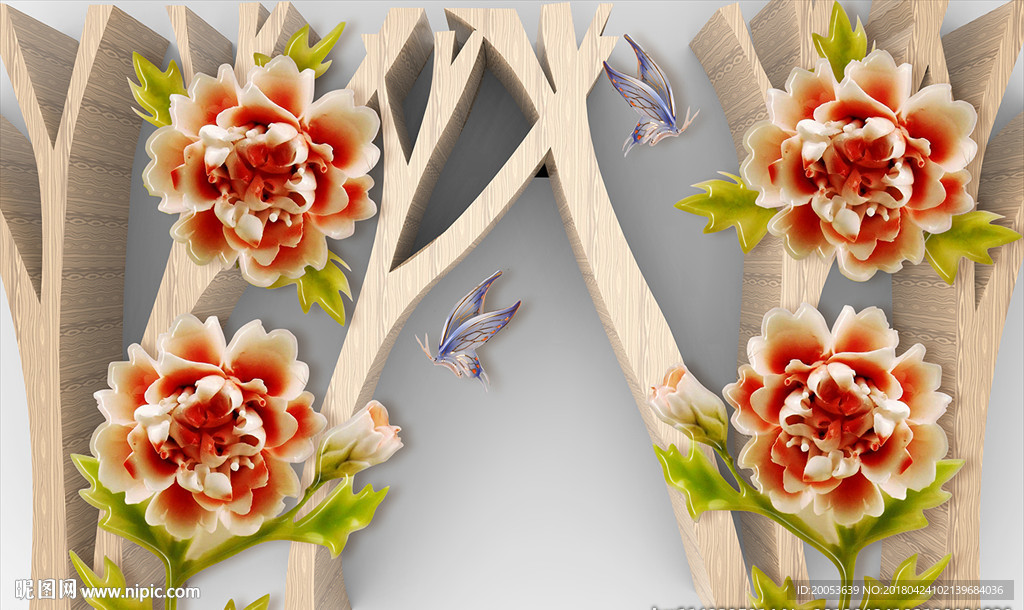 3d玉雕牡丹花电视背景墙