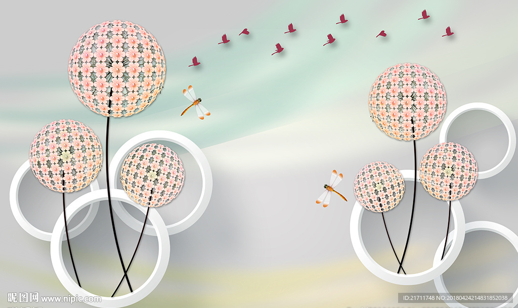 梦幻花卉简约圈圈小鸟电视背景墙