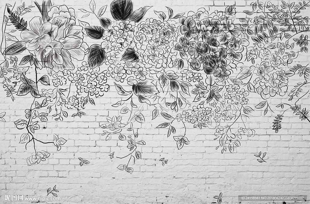 3d砖墙手绘素描薰衣草