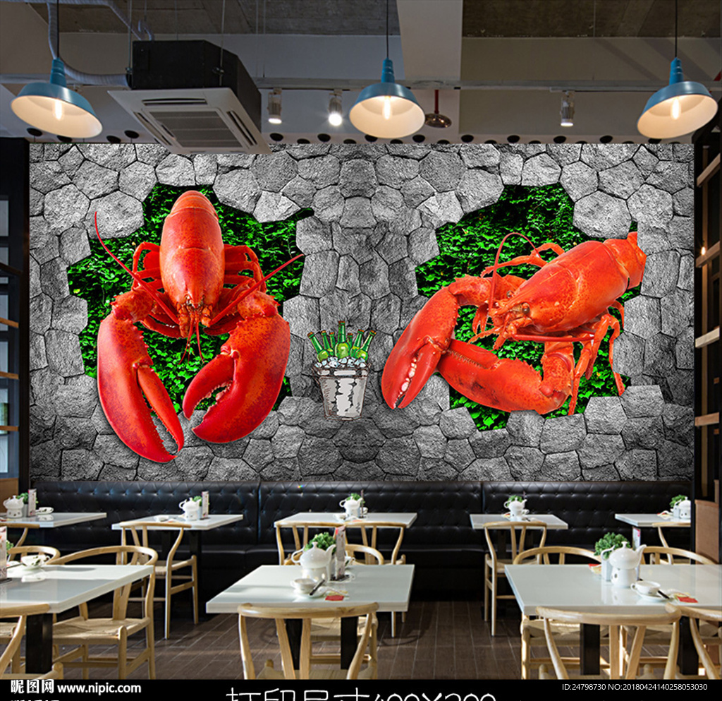 3d破墙而出小龙虾背景墙
