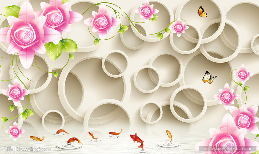 现代花卉蝴蝶简约圈圈电视背景墙