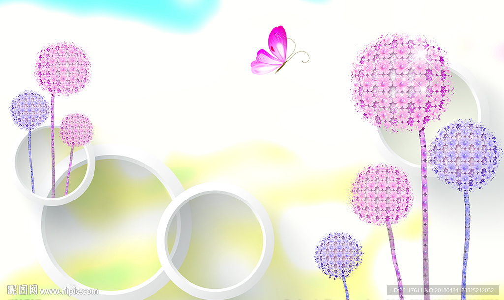 梦幻花卉蝴蝶简约圈圈电视背景墙