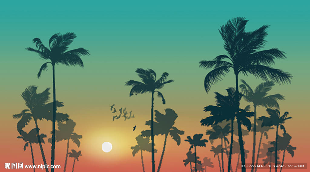 热带树木夕阳风景画矢量插画背景