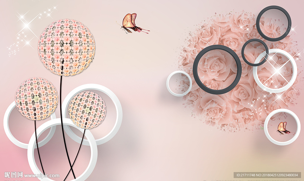 梦幻花卉简约圈圈蝴蝶电视背景墙