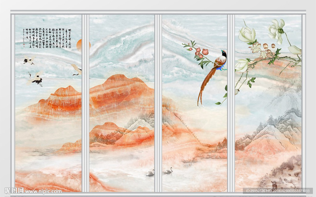 新中式花鸟唯美仙境移门