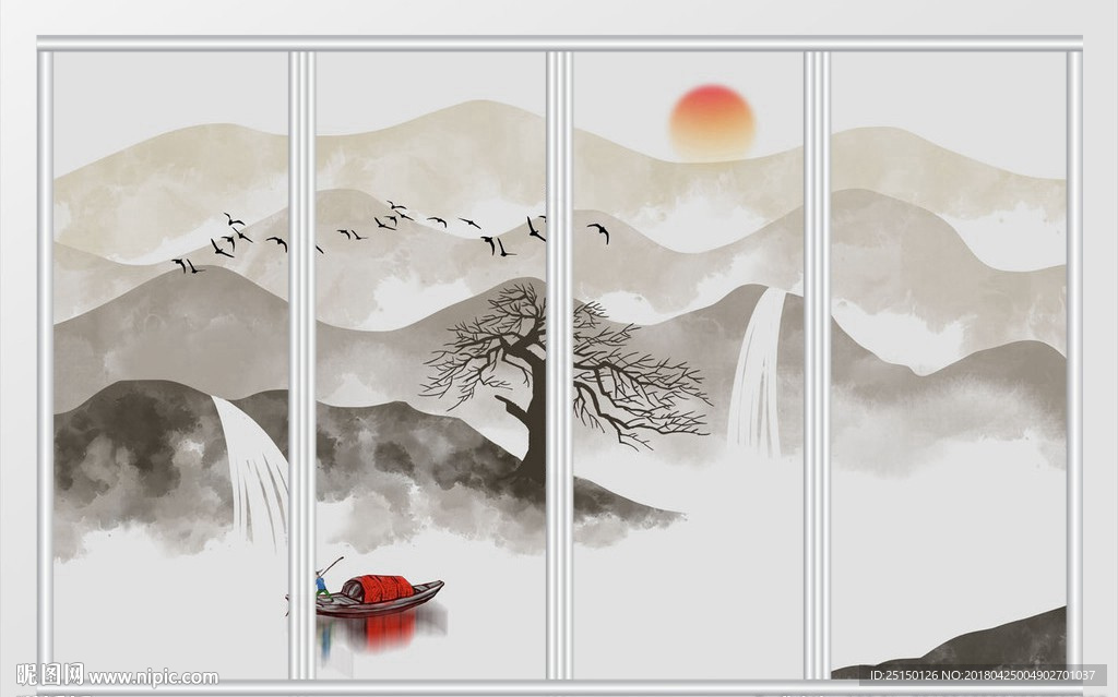 新中式抽象水墨山水画移门
