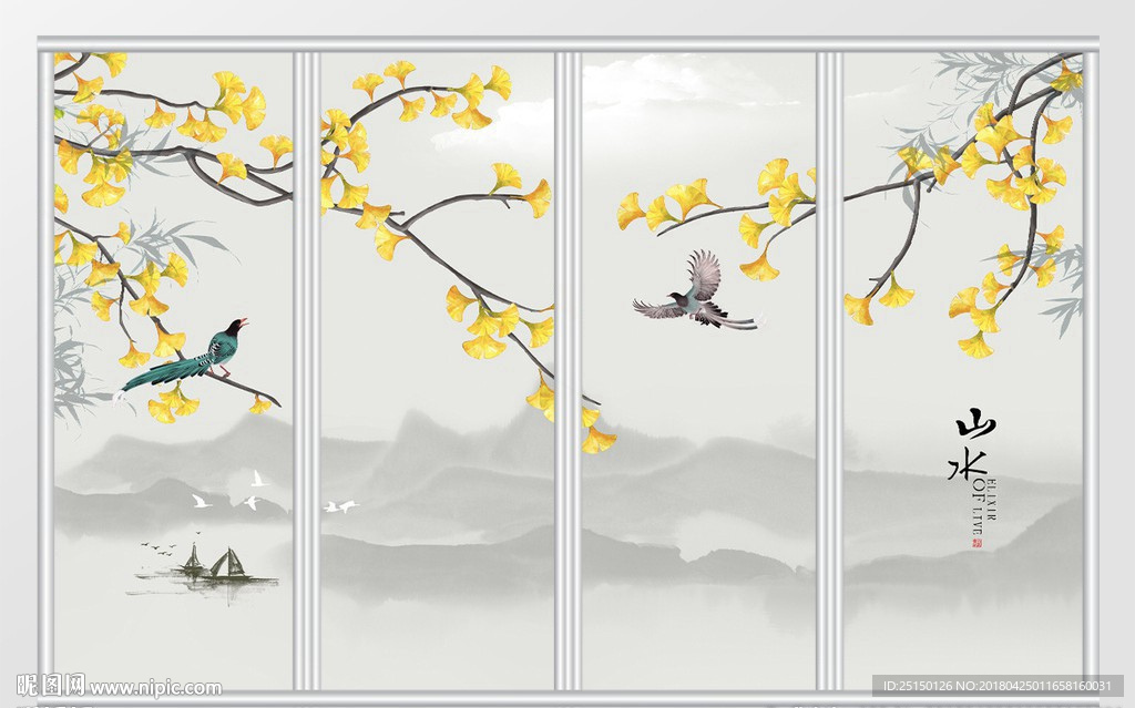银杏手绘工笔花鸟新中式移门