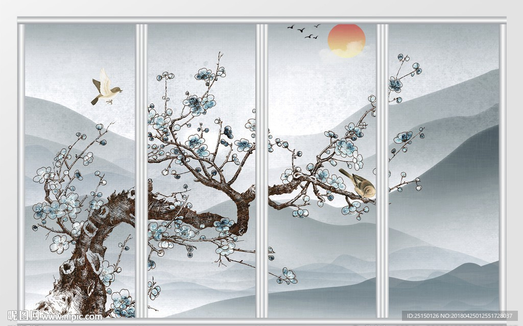 玉兰花鸟移门