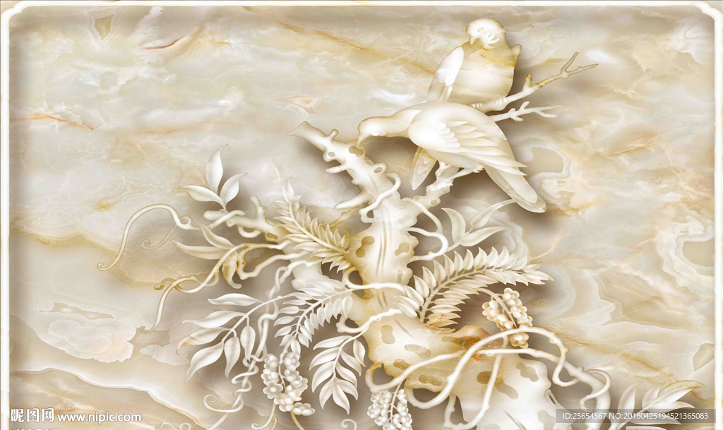 浮雕花鸟玉雕大理石背景墙