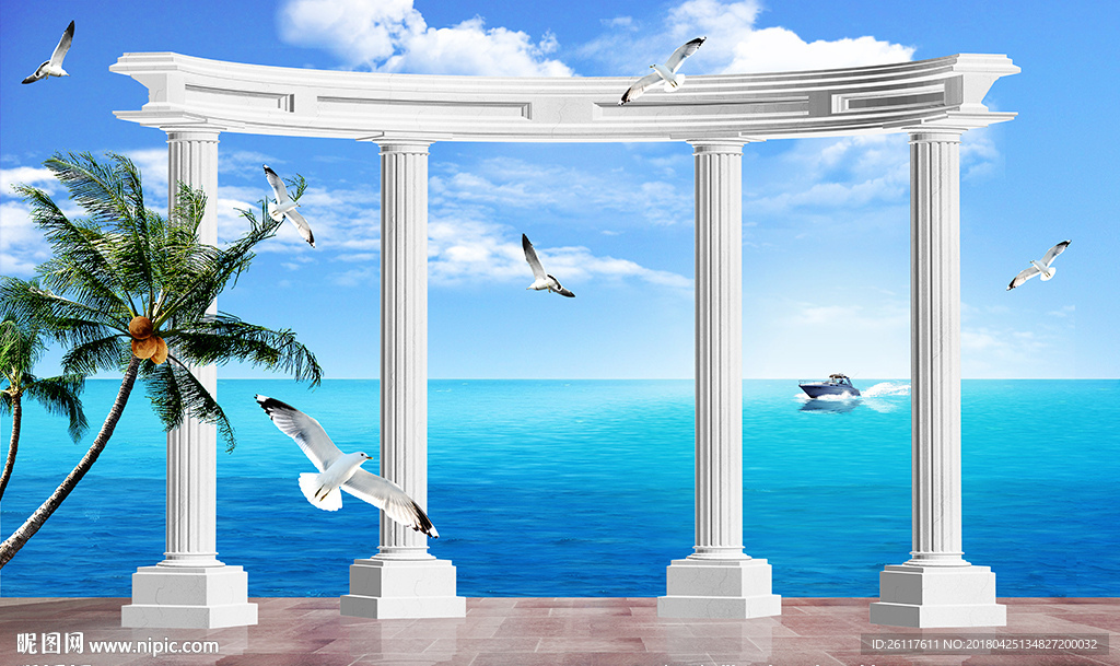 大海风景蓝天白云罗马柱背景墙