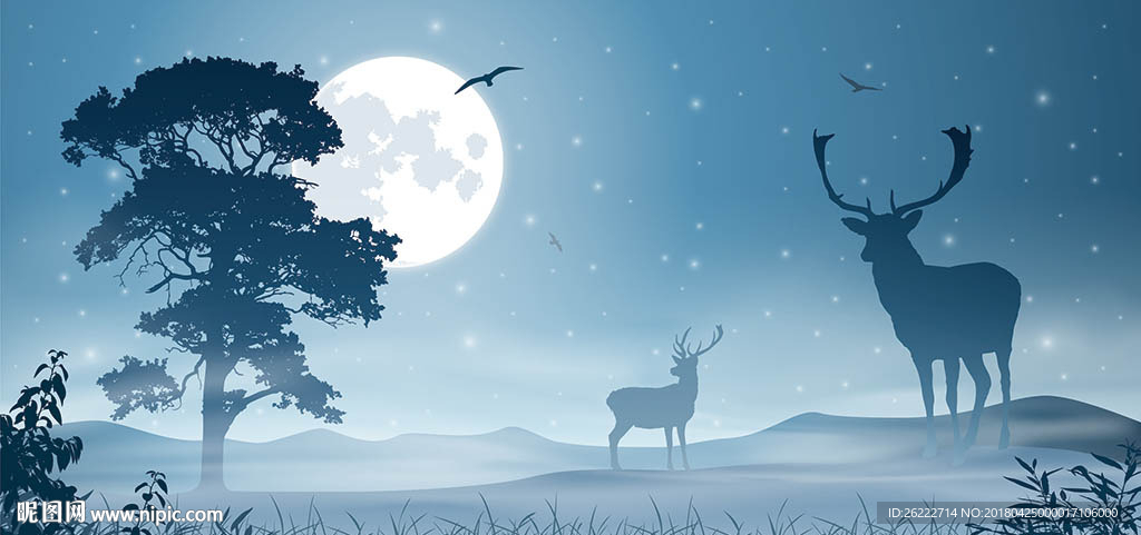 月色麋鹿树林矢量插画背景墙