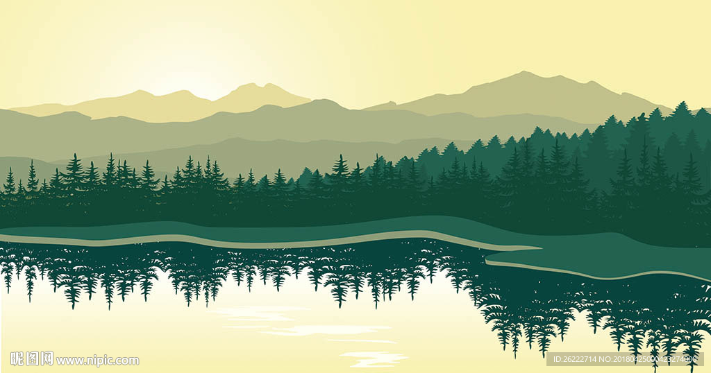 森林湖泊矢量插画背景墙