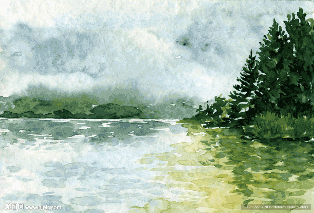 水彩朦胧山水意境矢量插画背景墙