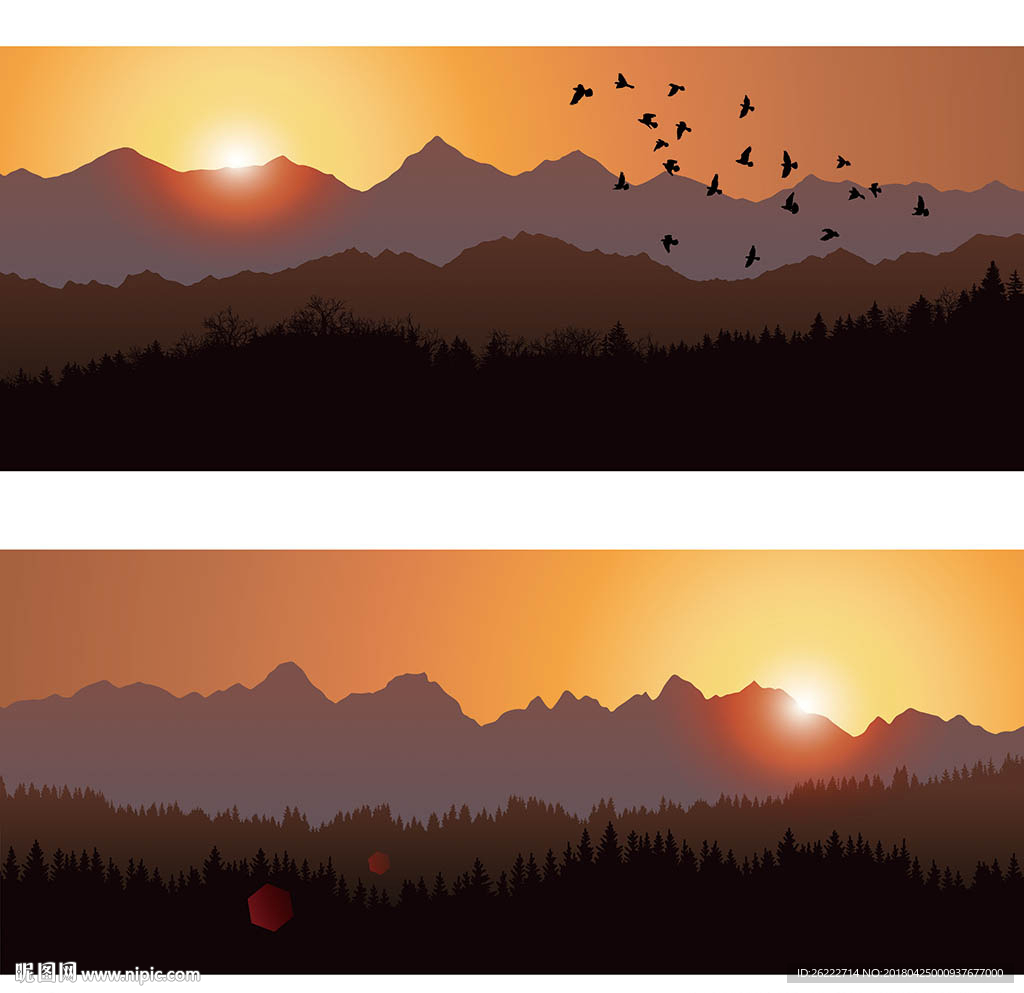 夕阳日出矢量山脉插画背景墙