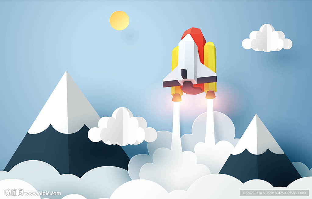 火箭云朵山脉立体剪纸矢量背景墙