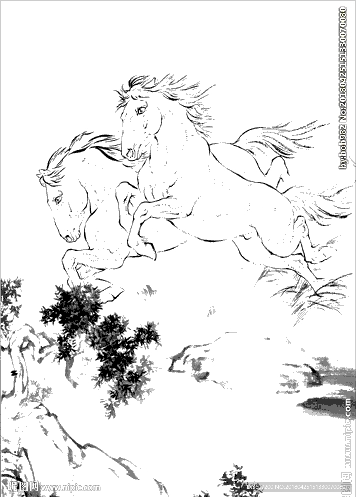 骏马线描 骏马白描 骏马素描