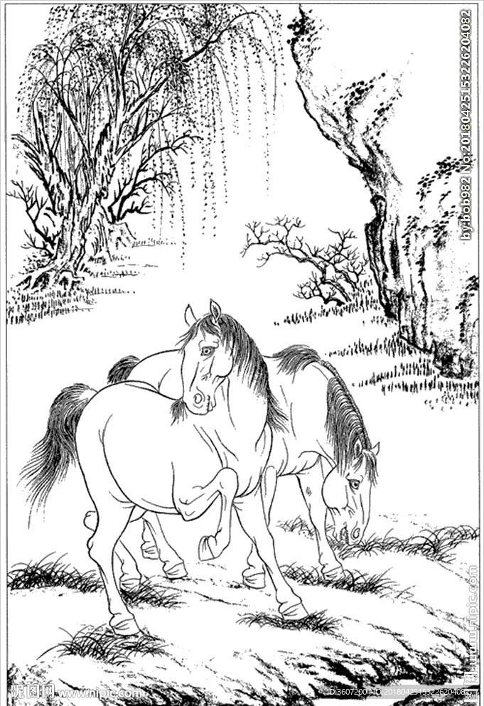 骏马线描 骏马白描 骏马素描