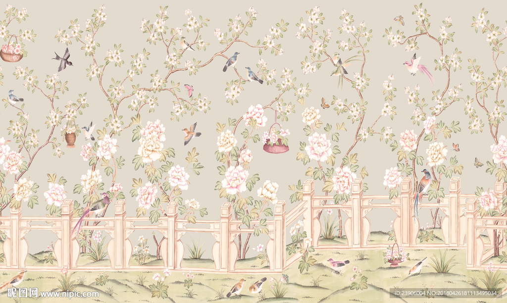 大型分层手绘国画花鸟背景壁画