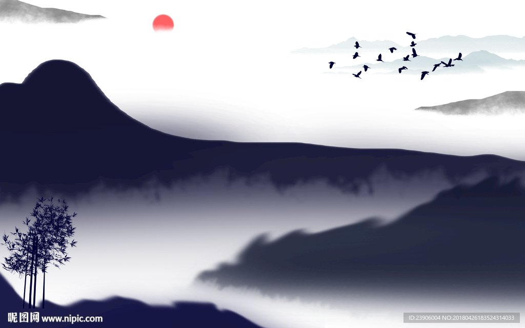 大型蓝色简约山水画