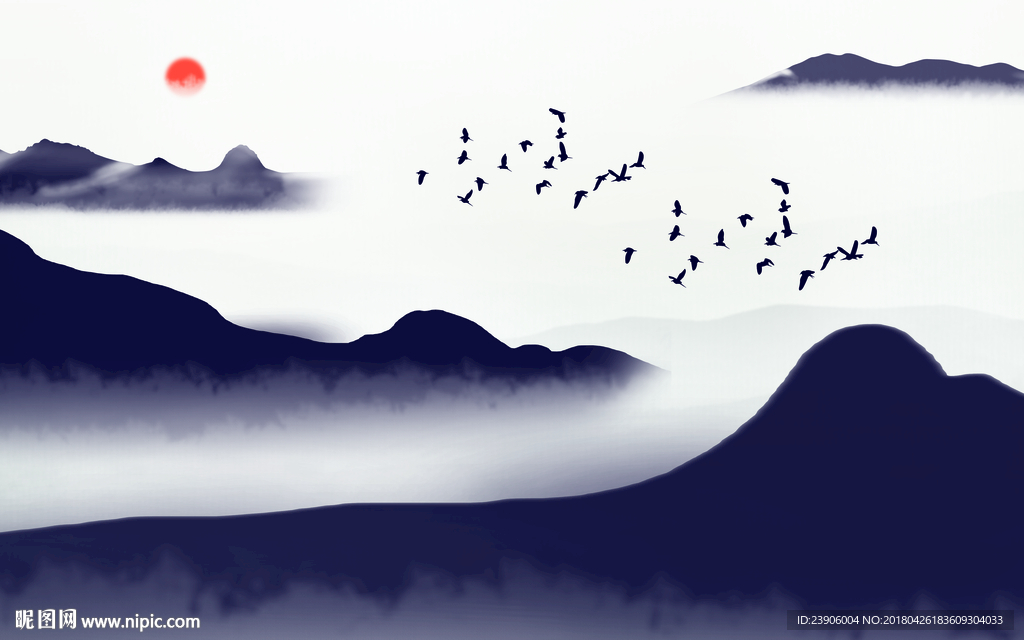 蓝色简约水墨山水背景墙壁画