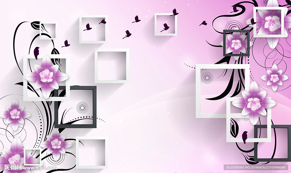 梦幻花卉简约框框小鸟电视背景墙