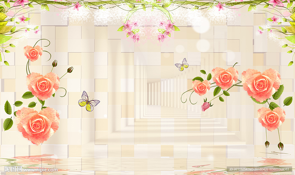 梦幻花卉蝴蝶3D空间电视背景墙