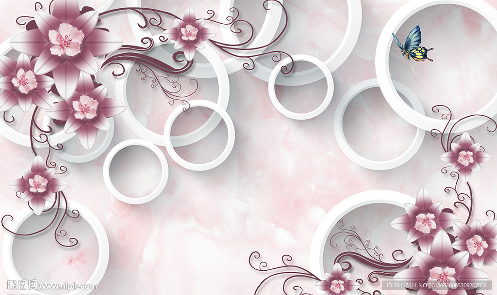 现代花卉蝴蝶简约圈圈电视背景墙