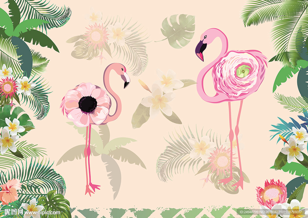 时尚手绘火烈鸟椰子树背景墙