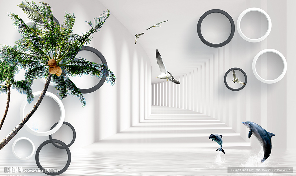 椰树海豚海鸥简约圈圈电视背景墙