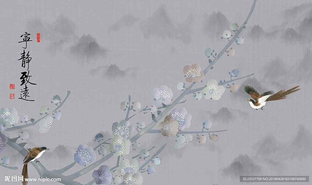 宁静致远梅花中式电视背景墙